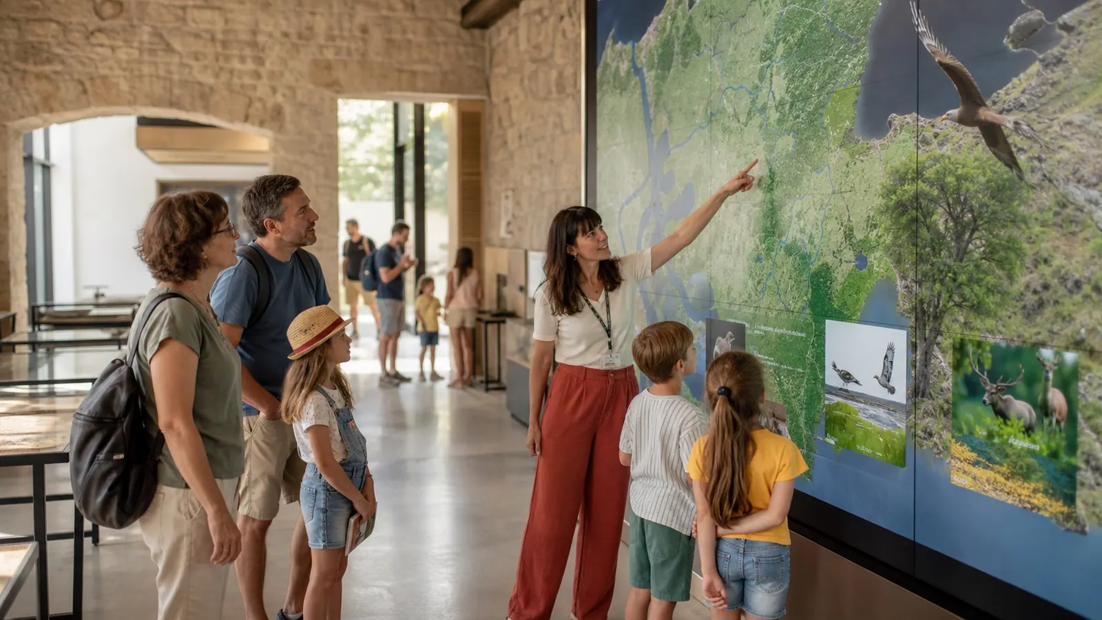 Familias explorando contenidos en un museo o centro municipal